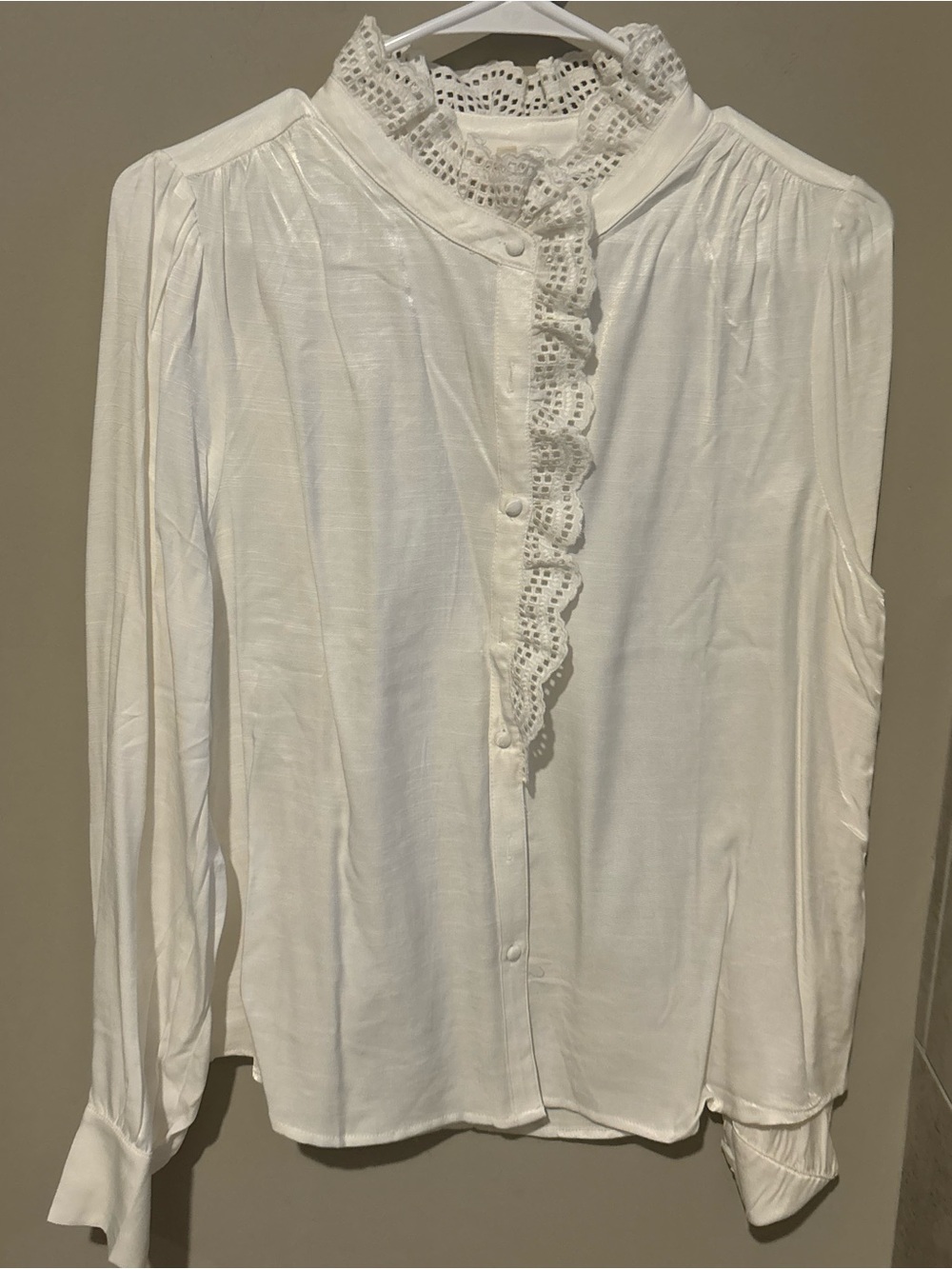 Mystree White Ruffled Eyelet Collar Button-Down Blouse